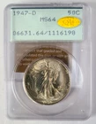1947-D 50C PCGS MS64 CAC GOLD Rattler OGH Walking Liberty Silver Half Dollar