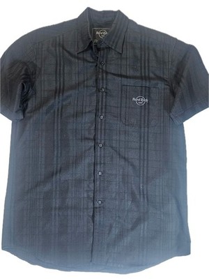 Hard Rock Cafe Shirt Mens Large Black Plaid Button Up Short Sleeve Pocket Logo