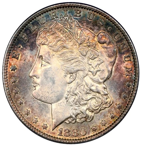 1880-S ANACS MS 62 Morgan Dollar Semi PL Rainbow Color Toned