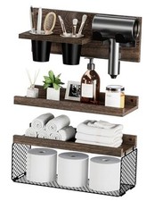 Floating Bathroom Shelves with Hair Dryer Holder, 3-Tier Rustic Wood Darkbrown