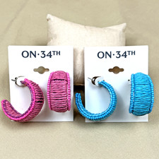 On 34th Silvertone Color Seed Bead Raffia C Hoop Earrings Pink or Blue NWT 39