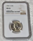 1941 S WASHINGTON 90% SILVER QUARTER DOLLAR NGC MS 63 MS63 SAN FRANCISCO US MINT