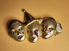 Vintage AJC Signed Triple Clown Gold Tone Enamel Theater Mask Faces Brooch Pin