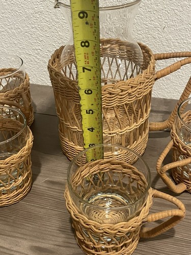 Vintage Rattan Wicker Juice Pitcher & Glasses Set Woven Handle 10 Piece Boho MCM - Picture 7 of 10