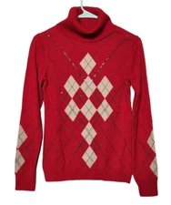 Escada Womens Sz 34 Wool Cashmere Silk Turtleneck Sweater Argyle Rhinestone