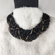 Vintage Statement Collar Necklace Seed Beaded Rhinestones Braided Chunky