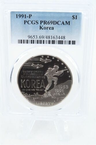 1991-P PCGS PR69DCAM Corée argent moderne épreuve dollar commémorative - Photo 1/2