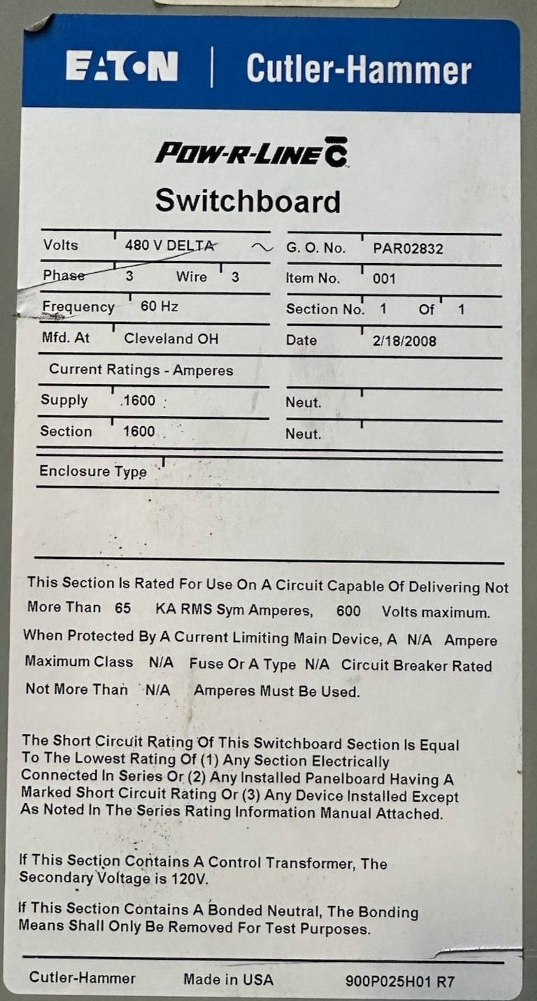 Cutler-Hammer,Pow-R-Line C Switchboard 480V Delta 1600 Amp 3 Phase 3 ...