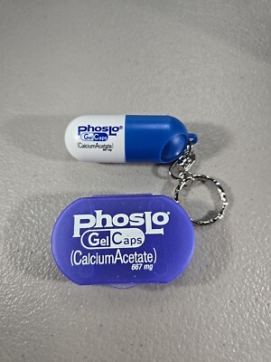 2 Vintage Pharma Keychain Phoslo Gelcaps Calcium Acetate Pill Carrier Dispenser 
