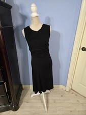 DKNY Black Sleeveless Midi Dress Small Ruched Rayon Stretch Little Black...