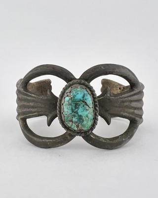 Vintage Navajo Sandcast Sterling Silver Webbed Turquoise Cuff Bracelet 59.1g