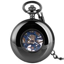 Antique Black Smooth Case Manual Mechanical Pocket Watch for Men Pendant Chain
