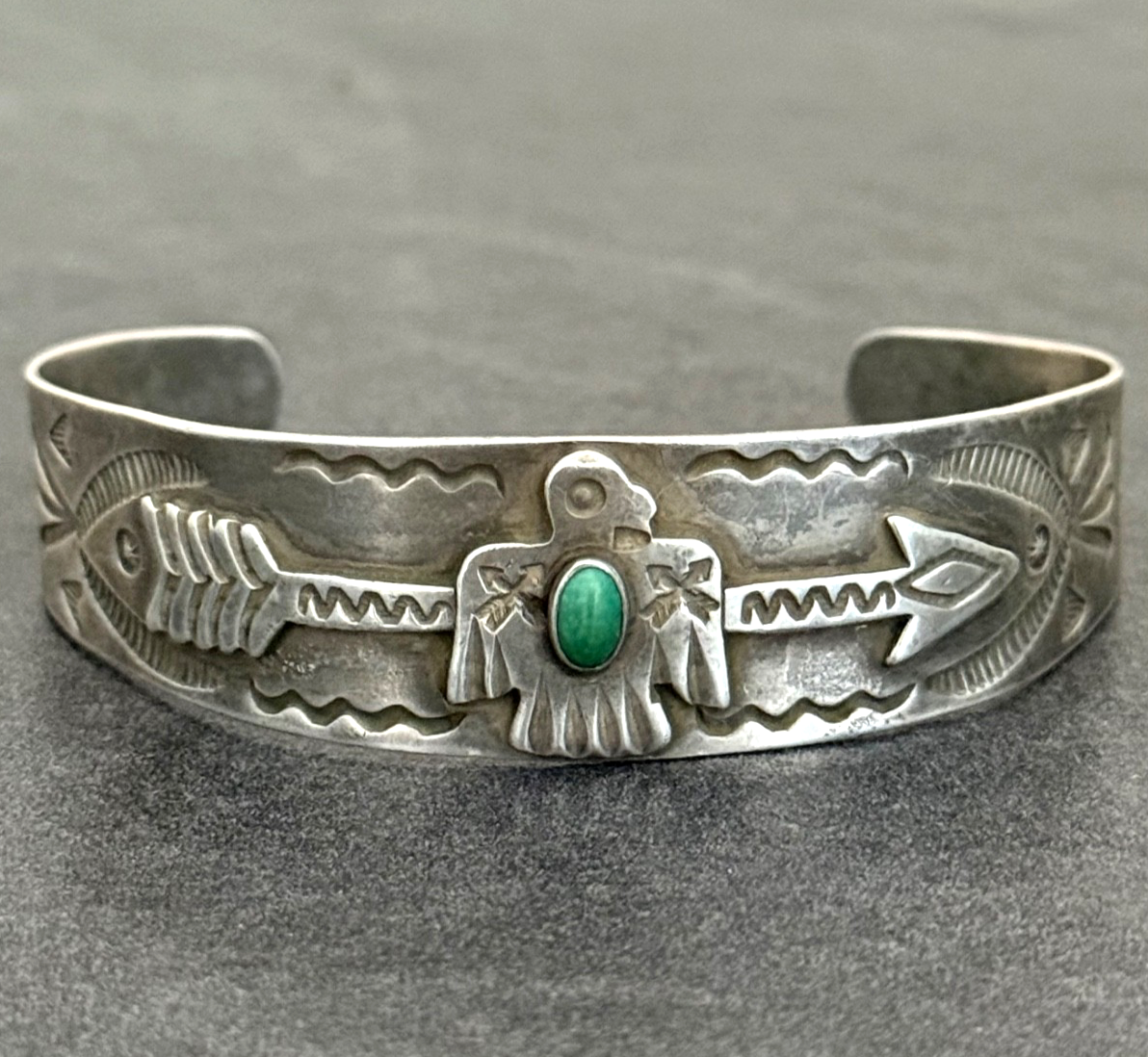OLD FRED HARVEY era Navajo THUNDERBIRD Turquoise Sterling Bracelet 7.25in