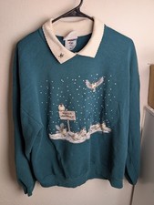 Vintage Granny Sweatshirt Women's XL Cottage Core Birds DOUBLE SIDED green C
