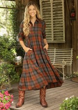 Natural Life Rebecca Flannel Tiered Midi Dress Plaid Black Orange Cottagecore XS