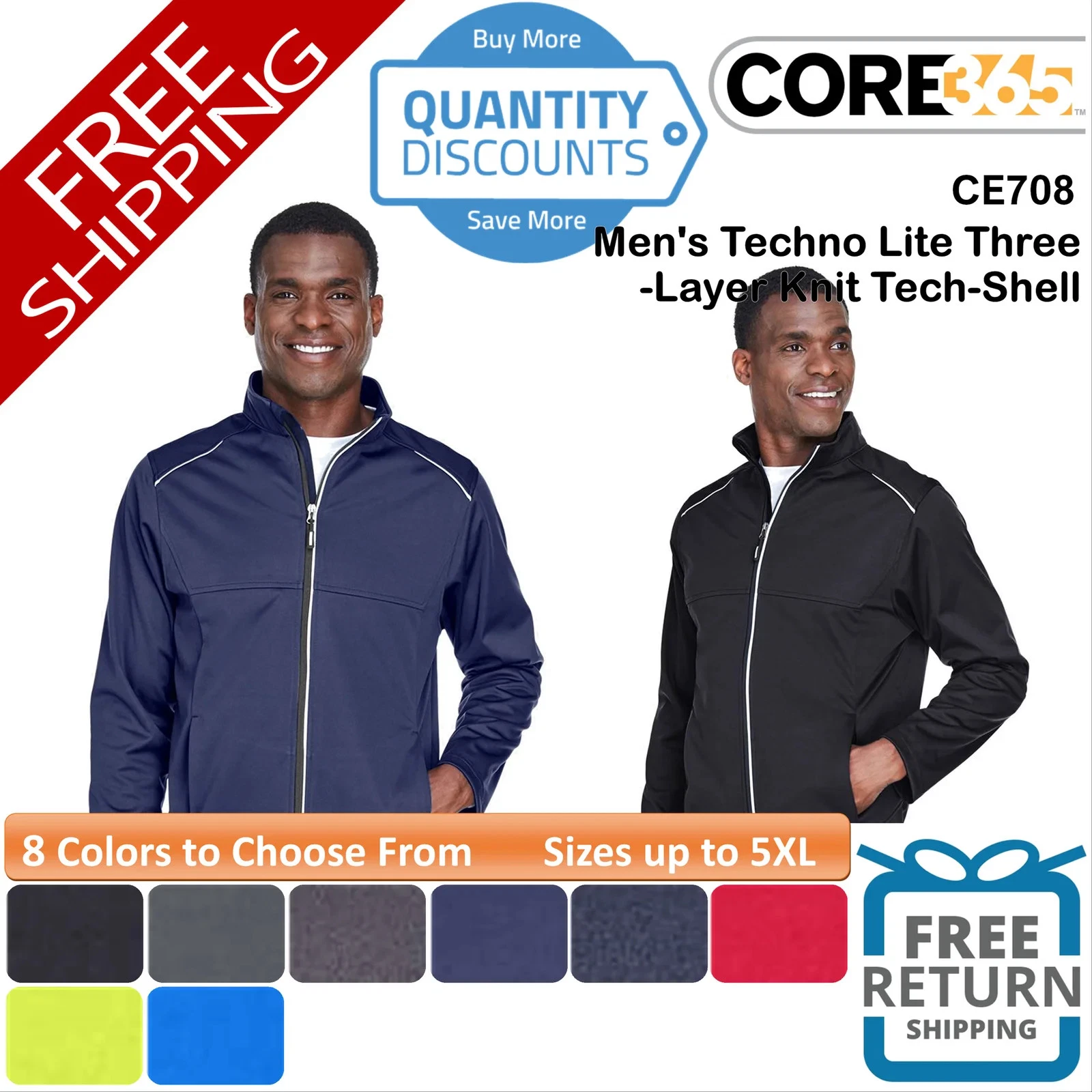 🔥 CORE365 Men Techno Lite Three-Layer Knit Tech-Shell Up To 5XL CE708