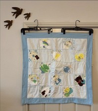 Baby Crib Cotton Flannel Fleece Embroidered Patchwork Quilt Blue 32 Square