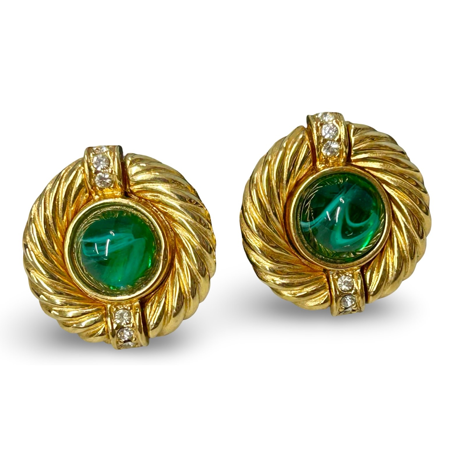 Vintage Givenchy Gold Tone Green Cabochon Earrings Pierced  thumbnail 2