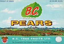 B.C, PEARS Original Canadian Fruit Crate Label Litho 61 Kelowna, B.C. Canada