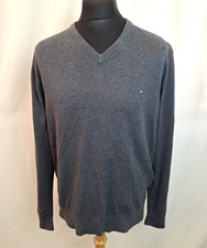 Tommy Hilfiger Cotton Cashmere Blend Jumper Knit Grey V-Neck Men's Large C5313