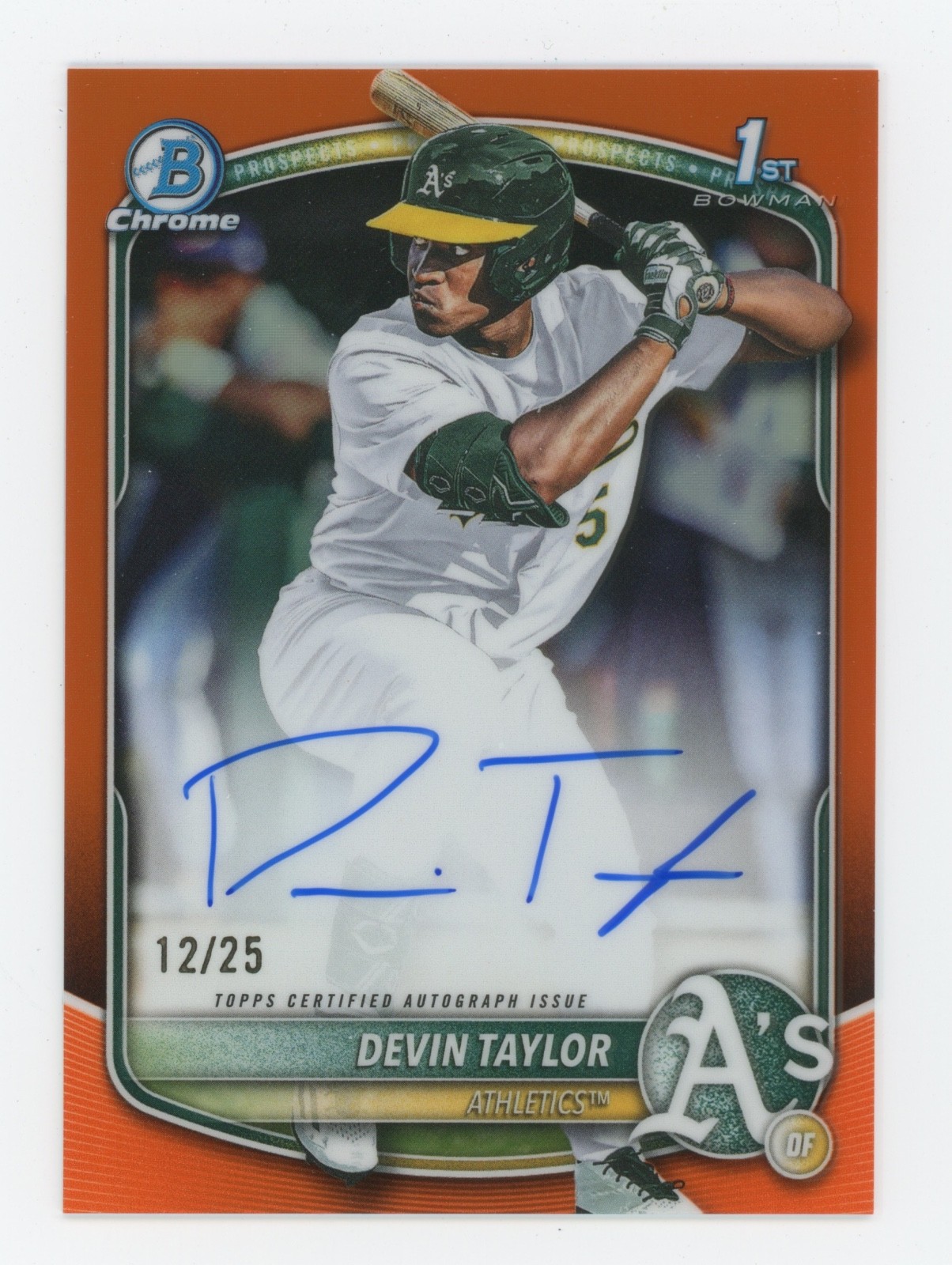 2025 Bowman Chrome Draft 1st Prospect Orange Refractor Devin Taylor Auto #12/25