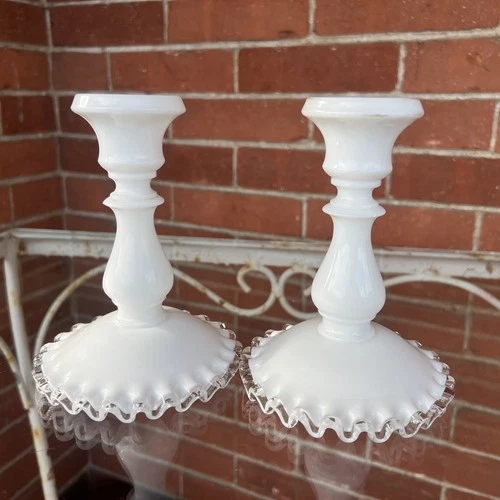 Pair of Vintage Fenton Art Glass 6" Silver Crest Milk Glass Candlestick Holders