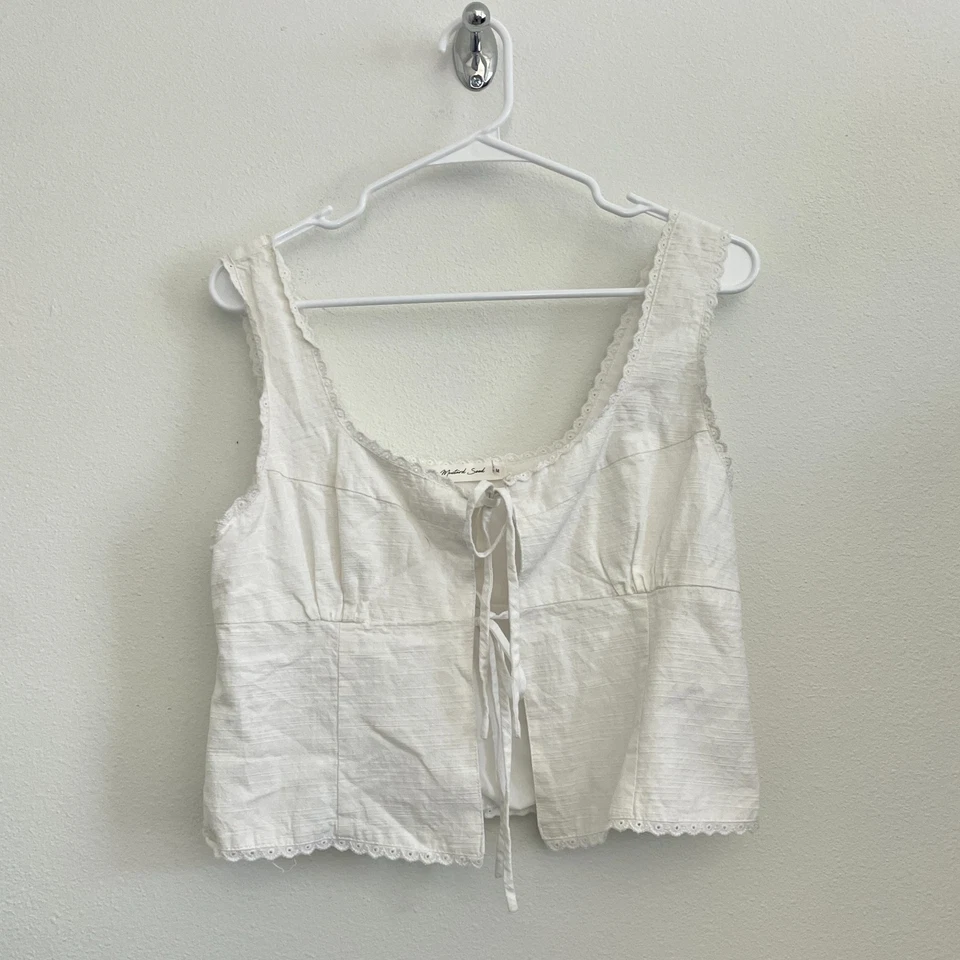 Camiseta sin mangas semilla mostaza para mujer M blanca cortada corbata delantera boho playa coqueta Foto 2 de 4