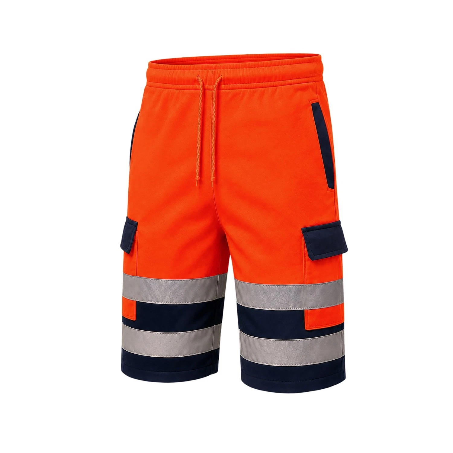 Angled view of orange navy reflective cargo work shorts