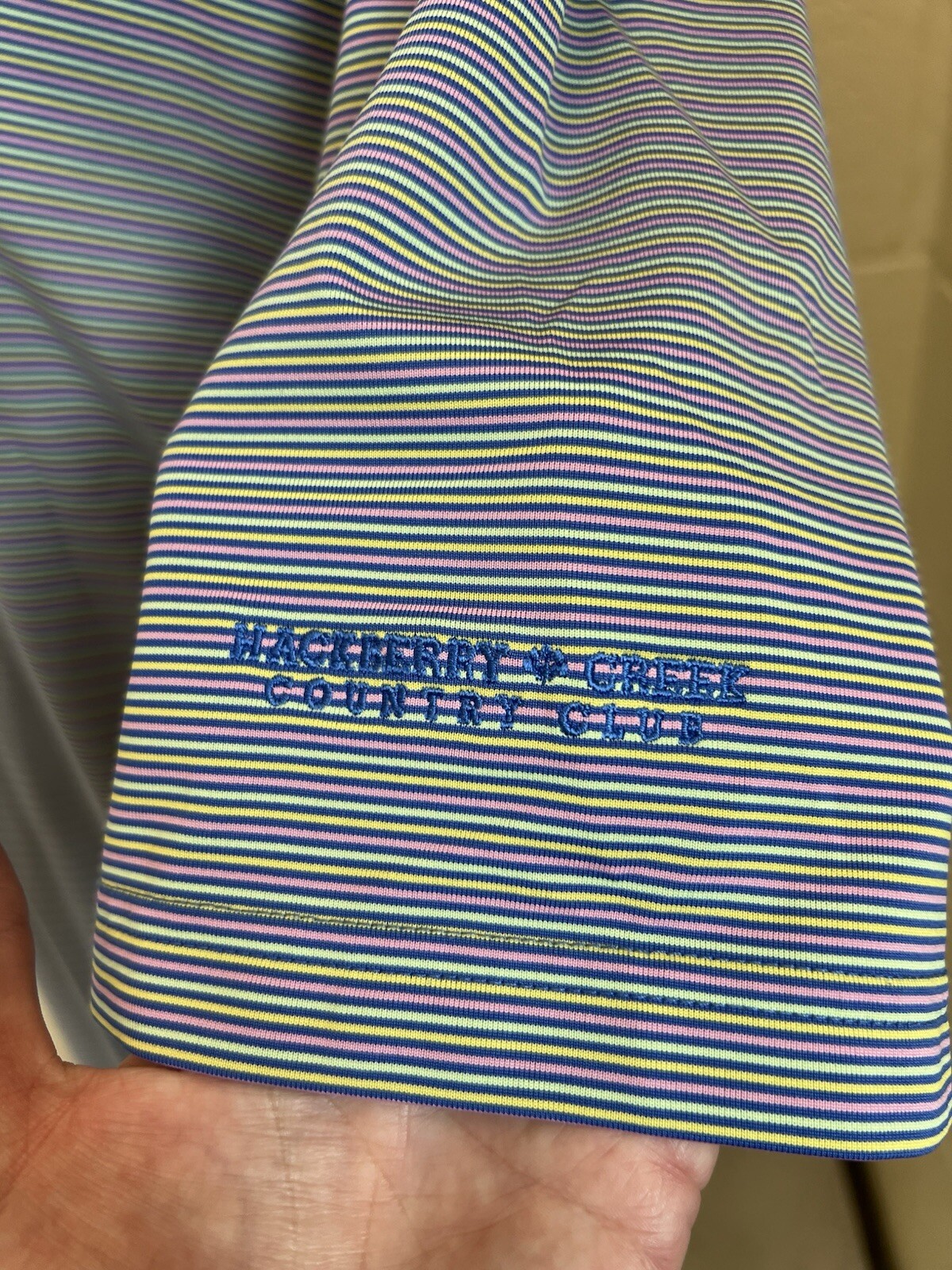 Donald Ross Multi Stripe SS Polo Golf Shirt Mens M Hackberry Creek Country Club