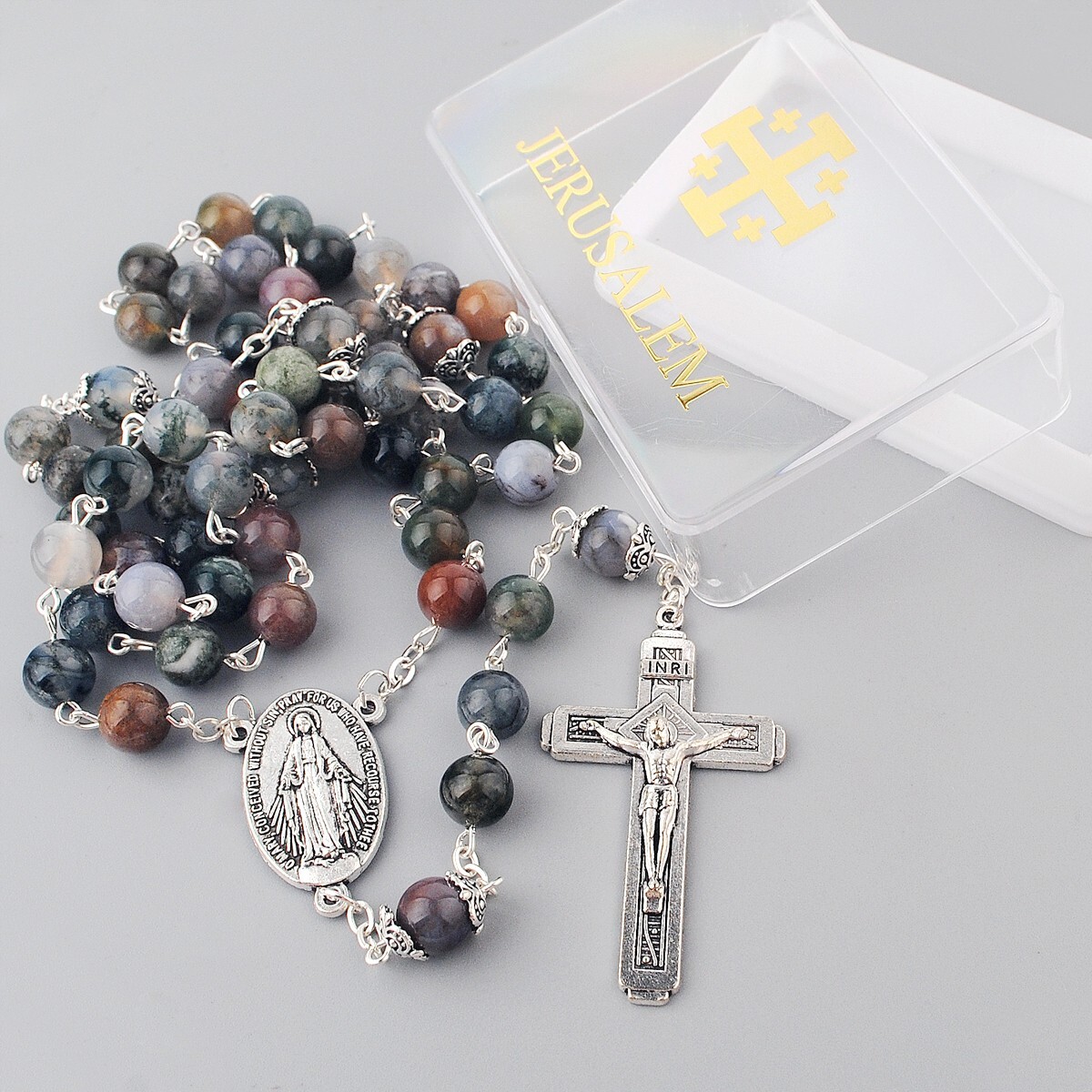 Catholic Jerusalem Rosary Necklace India Agate beads Miraculous Medal  cross