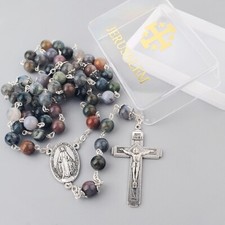 Catholic Jerusalem Rosary Necklace India Agate beads Miraculous Medal cross
