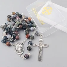 Catholic Jerusalem Rosary Necklace India Agate beads Miraculous Medal & cross