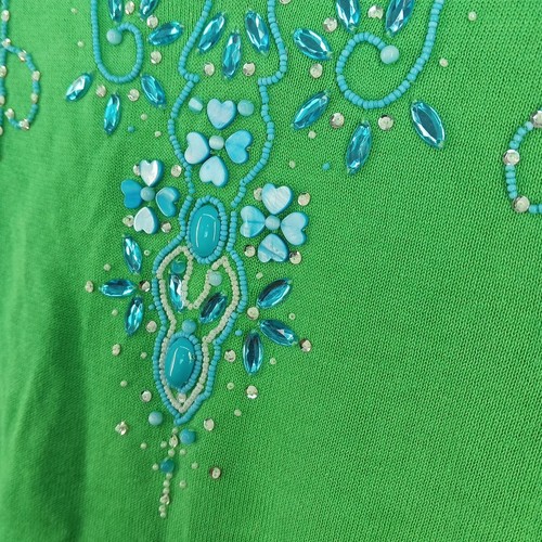 Vintage Quacker Factory M(8-10) Sweater Intricate Beading Flamingo Green V-neck - Picture 9 of 14