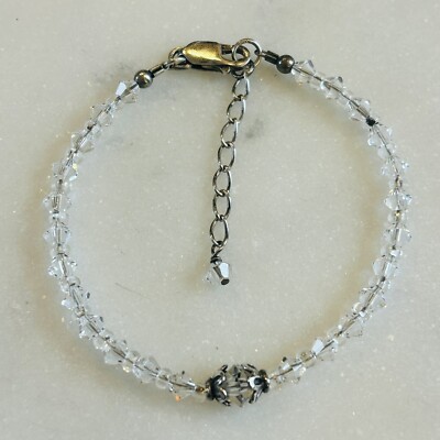 Faceted Clear Bicone Glass Bead Bracelet Sterling Silver 925 Clasp 6  + 1.5 
