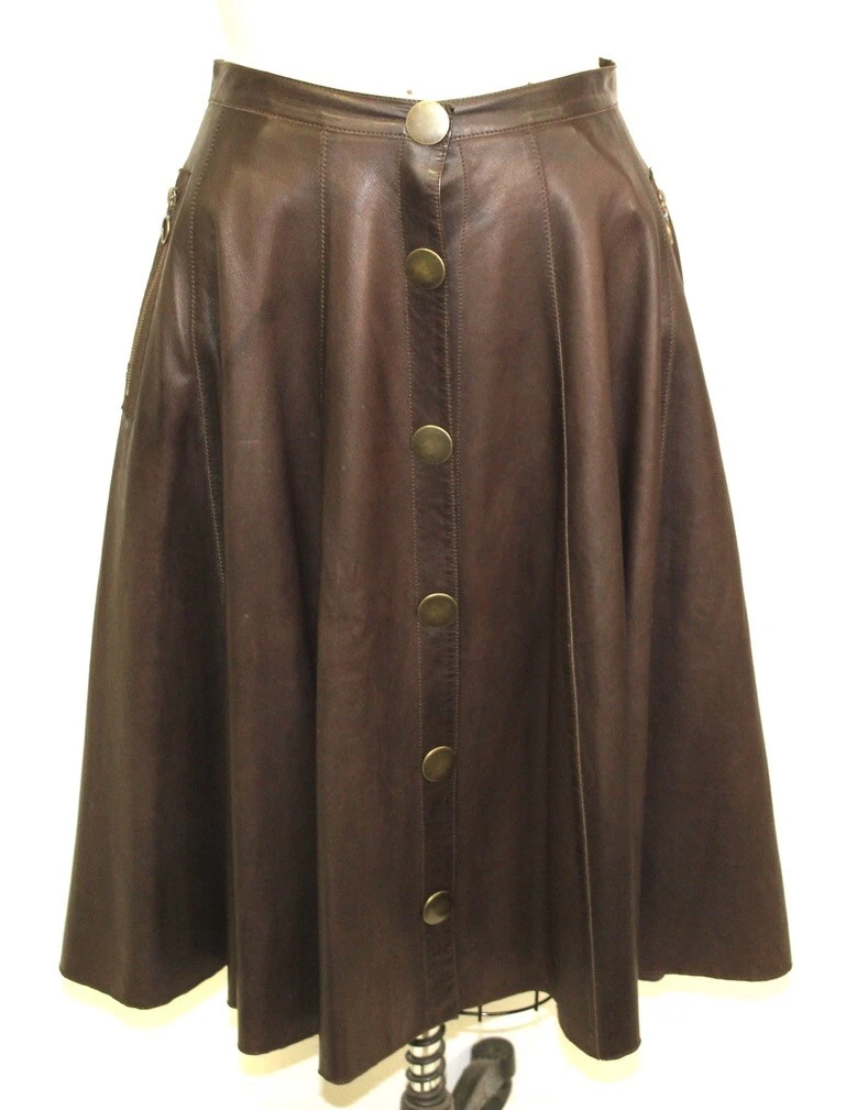Lanvin — 2006 Lanvin Skirt Lambskin Brown Full Sz EU 40/US 14 Snap Zipper Detail NWOT