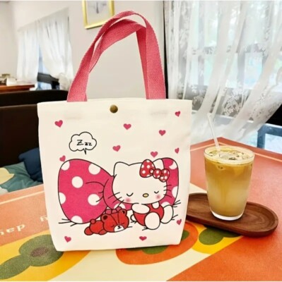 Kawaii Hello Kitty & Red Bow Small Canvas Tote Bag
