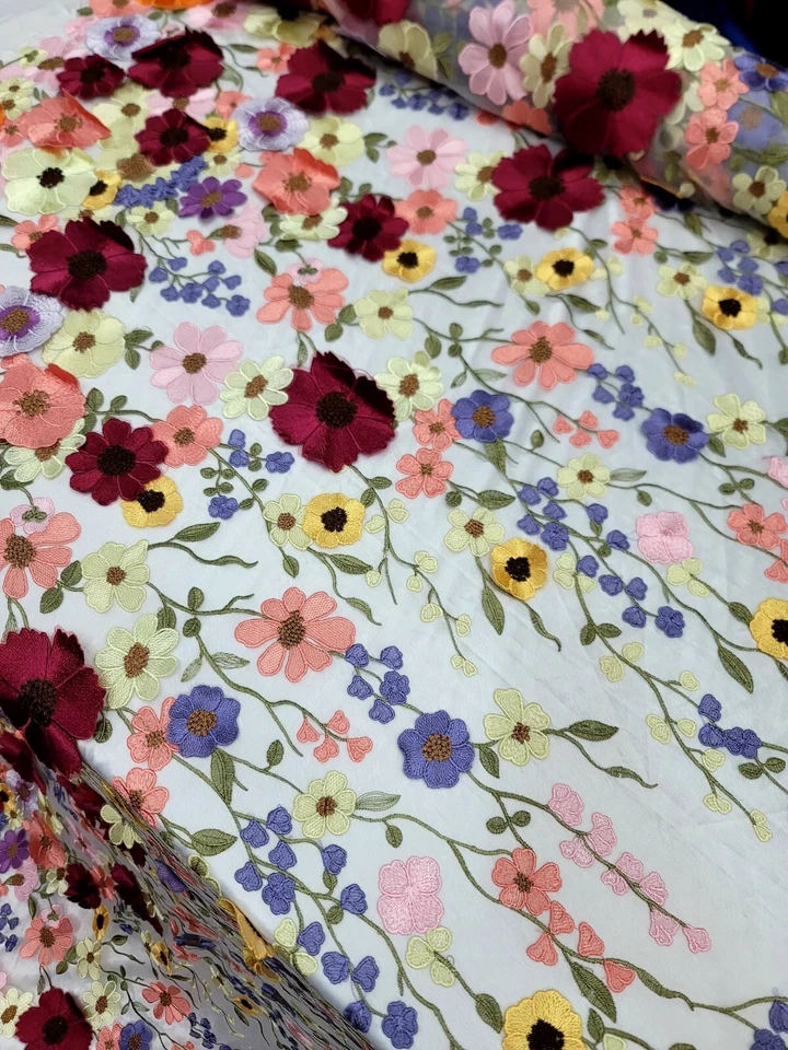Lace Multicolor Embroidery 3d Floral Flowers Fabric By The Yard White Mesh Dress - Image 4 of 4