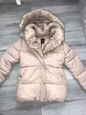 Ladies Size 6 River Island Nude Puffer Jacket Coat Faux Fur Hood And Trim