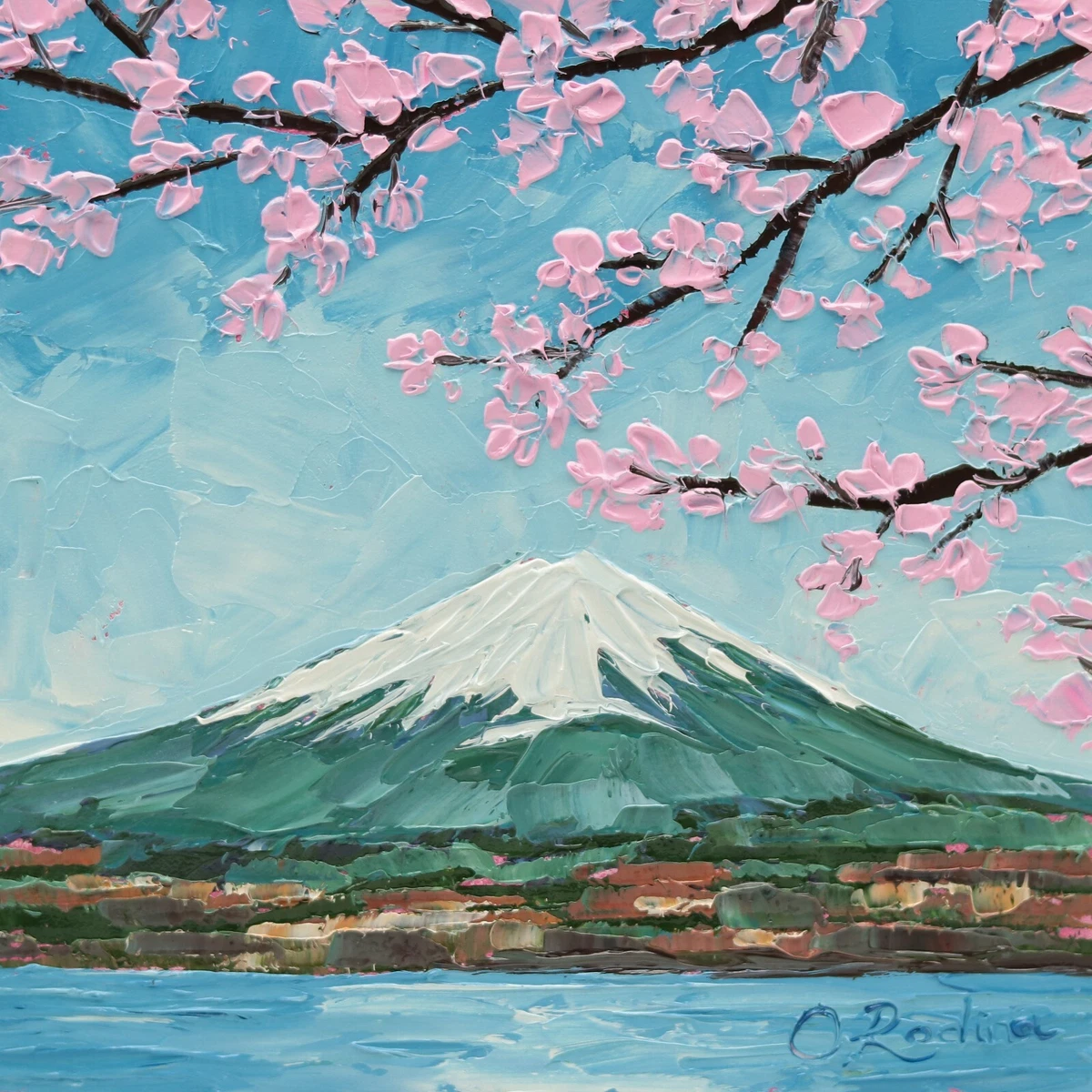 Mount Fuji Original Oil Painting Landscape Cherry Blooming Wall Art Sakura