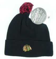 CHICAGO BLACKHAWKS NHL BLACK VINTAGE KNIT RETRO CUFFED BEANIE POM CAP HAT NEW