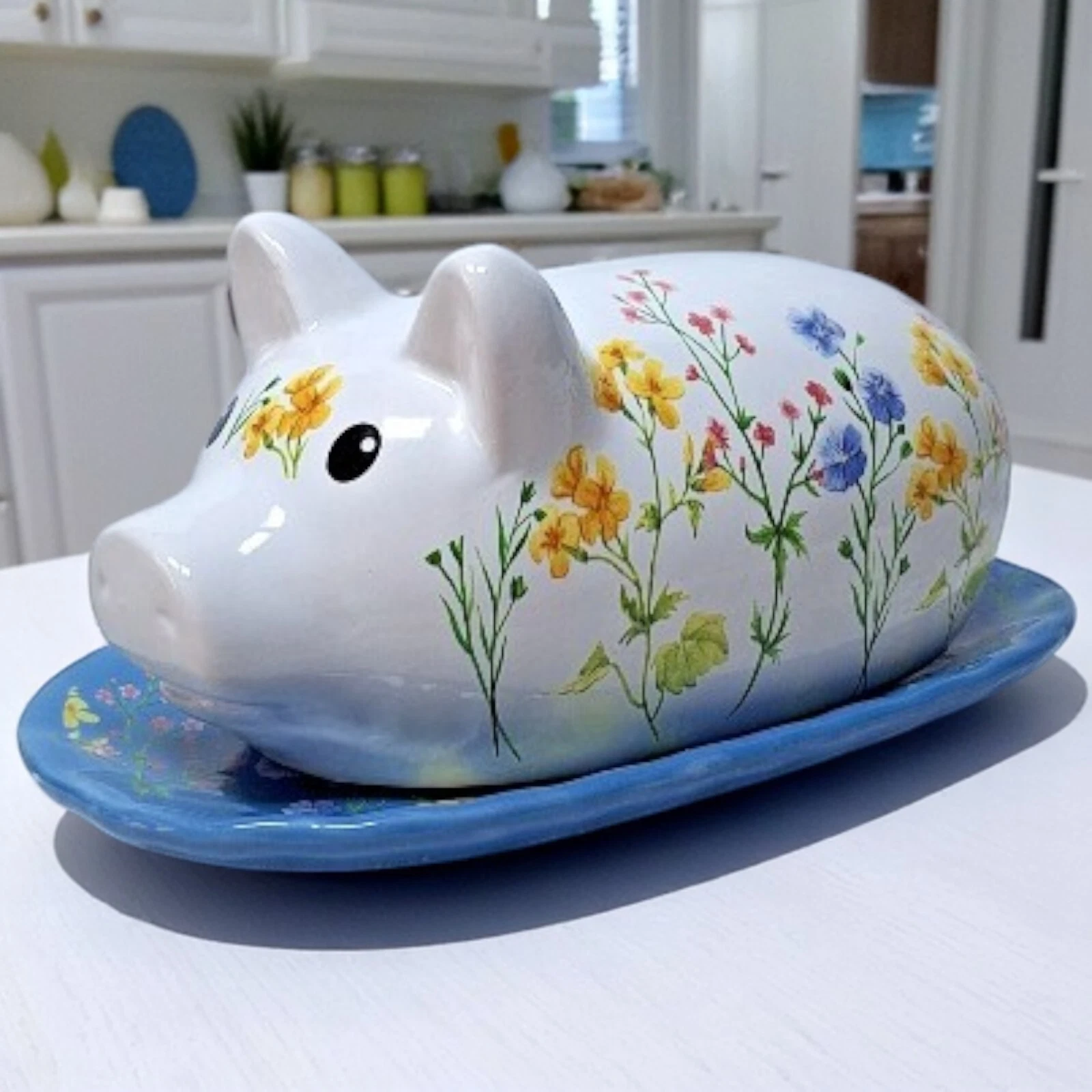 Ceramic Covered Butter Dish Handmade Blue Floral Farmhouse Country