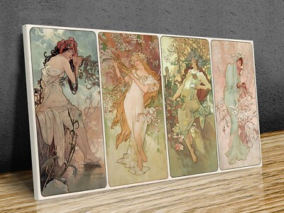 Alphonse Mucha Vier Jahreszeiten montierter Leinwanddruck fertig zum Aufhängen