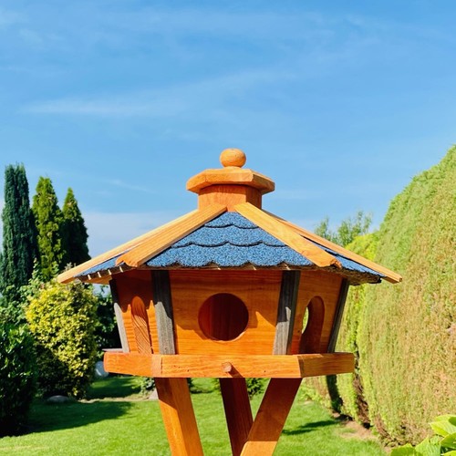 DARLUX Vogel Futter Haus L Sechseck Holz Vogelhaus Futterstelle Braun/ Blau - Bild 2 von 5