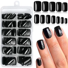 240pcs Short Press on Nails Black Full Cover Short Square Fake Nails Glossy A...