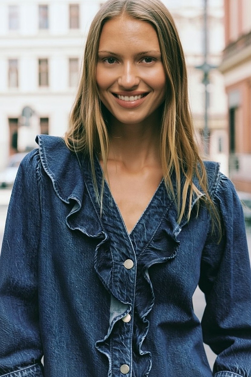 ZARA 2026 WOMEN Z1975 DENIM MID BLUE RUFFLE SHIRT sz S 6147/152 thumbnail 3