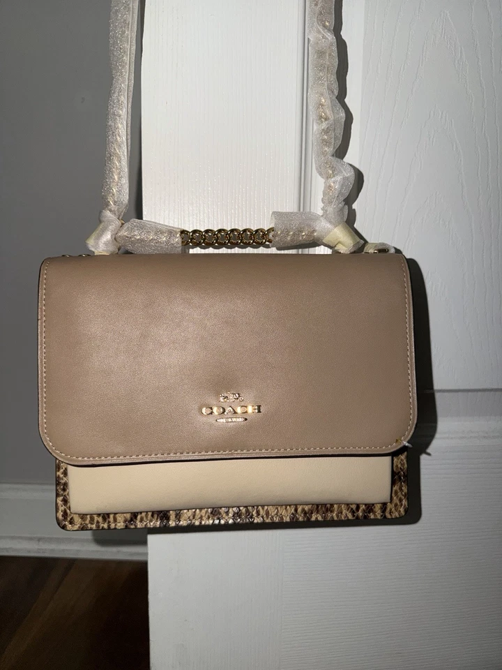 NUEVO CON ETIQUETAS COACH Bolso Bandolera de Cuero Colorblock Cadena Beige Tostado Estampado de Serpiente Solapa Foto 2 de 4