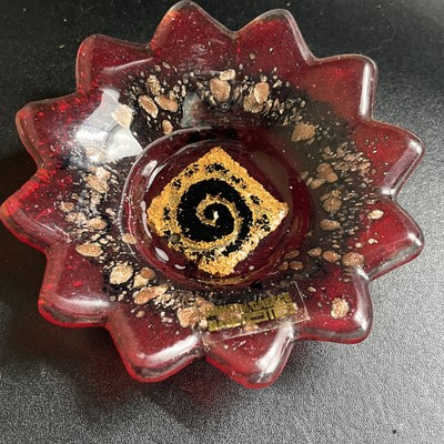 Vintage Handmade Mixaha Glass Artistic. Ashtray Trinket Plate, Greece Red Gold