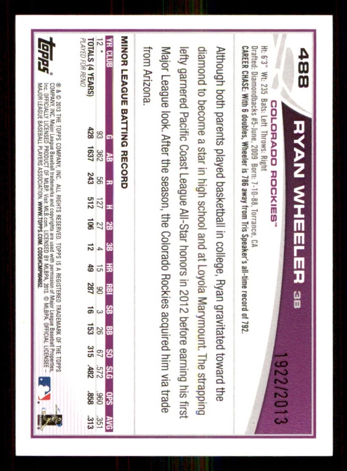 2013 Topps Gold #488 Ryan Wheeler /2013 - Image 2 of 2