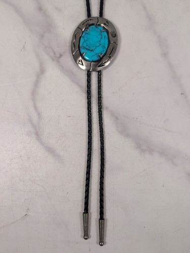 Vintage Silver & Turquoise Look Bolo Tie Western Braided Black Leather Cord