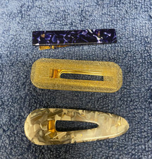 3 Vintage Bakelite Style Blue ,clear glitter ,clear  white Hair Clip Barrette